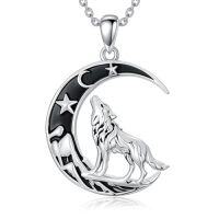 wholesale TOUPOP Gothic Jewelry Black Cat Wolf Raven Owl Pendant Necklace 925 Sterling Silver Crescent Moon Necklace For Women Black Jewelry Gifts For Women Halloween Birthday Gift -style_name:Wolf