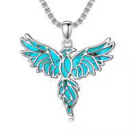 TOUPOP Sterling Silver Opal Hummingbird Horse Phoenix Wolf Butterfly Dragonfly Animal Necklace-style_name:Phoenix-Turquoise