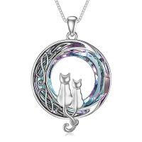 wholesale TOUPOP Christmas Cat Gifts For Cat Lovers One Two Three Four Cats Necklace Sterling Silver Cats On The Moon Pendant Necklace With Blue Circle Crystal Birthday Christmas Celtic Jewelry Gifts For Women -color_name:2 Cats(Silver and Silver)-Purple Crystal-02-D