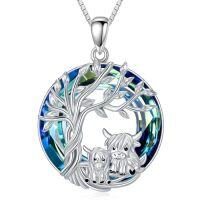 wholesale TOUPOP Tree Of Life 2 Animal Necklace For Women 925 Sterling Silver Cat/koala/sloth/cardinal/highland Cow Pendant Jewelry Blue Crystal Birthday Christmas Gifts For Women Mom Daughter Sister -style_name:Highland Cow