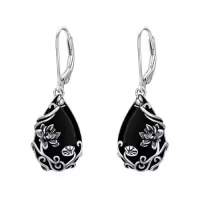 TOUPOP Sterling Silver Black Onyx Daisy Hibiscus Lotus Rose Peony Sunflower Dangle Earrings-style_name:Lotus