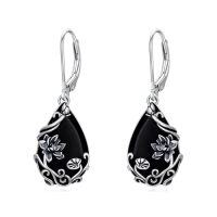 wholesale Daisy/hibiscus/lotus/rose/peony/sunflower Earrings 925 Sterling Silver Teardrop Black Onyx Dangle Earrings Vintage Flower Jewelry Gifts For Women -style_name:Lotus