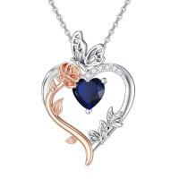 wholesale TOUPOP Rose Heart Birthstone Necklace 925 Sterling Silver Heart Butterfly Pendant Love Jewelry Birthday Christmas Gifts For Women Her -color_name:09-September-Sapphire