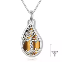 TOUPOP Sterling Silver Gemstone Teardrop Tree Of Life Urn Necklace-color_name:Tiger Eye Stone