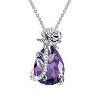 wholesale Birthstone Necklace 925 Sterling Silver Rose Birthstone Pendant Crystal Necklace Birthstone Jewelry, Gifts For Women Mom Wife Birthday Anniversary Christmas, 18+2 Inch -color_name:02-Feb