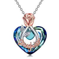 TOUPOP Sterling Silver Crystal Rose Flower Love Heart Necklaces Jewelry Gifts-style_name:Daughter Necklace with Heart Crystal-Rose flower
