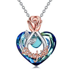 Daughter Necklace with Heart Crystal-Rose flower
