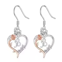TOUPOP 925 Sterling Silver Rose Heart Butterfly Earrings Jewelry Gifts-style_name:Initial B