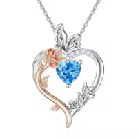 TOUPOP Sterling Silver Rose Heart Birthstone Necklace Butterfly Pendant-color_name:03-March-Aquamarine