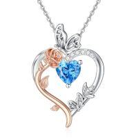 wholesale TOUPOP Rose Heart Birthstone Necklace 925 Sterling Silver Heart Butterfly Pendant Love Jewelry Birthday Christmas Gifts For Women Her -color_name:03-March-Aquamarine