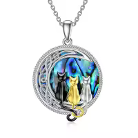 TOUPOP Sterling Silver Crystal Cat Moon Pendant Necklace-style_name:3 Cats(Black, Yellow Gold and Silver)-Abalone Shell