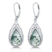 wholesale Filigree Earrings For Women 925 Sterling Silver Teardrop Gemstone Dangle Earrings Fine Jewelry Christmas Gifts For Women -color_name:Moss Agate