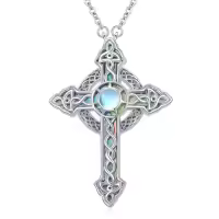 TOUPOP 925 Sterling Silver Animal Celtic Cross Necklace Religious Gift-style_name:B-Abalone Celtic Cross Moonstone