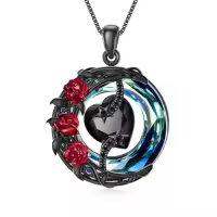 TOUPOP Sterling Silver Blue Crystal Birthstone Moon Star Pendant Necklace-color_name:C-Black Crystal-Red Rose