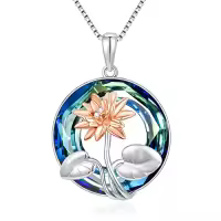 TOUPOP Sterling Silver Crystal Birth Flower Pendant Necklace-style_name:7-July-Lotus-Circle Crystal