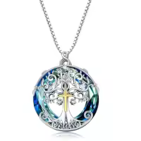TOUPOP Sterling Silver Blue Crystal Celtic Tree Of Life Pendant Necklace-style_name:Cross
