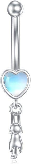 wholesale 925 Sterling Silver Heart-Shaped Opal Stone with Cat Charm Navel Piercing Jewelry-0-0