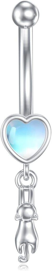 wholesale 925 Sterling Silver Heart-Shaped Opal Stone with Cat Charm Navel Piercing Jewelry-Cat