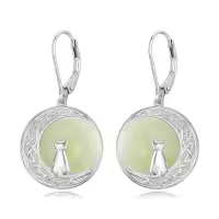 TOUPOP 14K Gold Plated Sterling Silver Round Natural Jade Earrings-style_name:C-Cat-White Gold