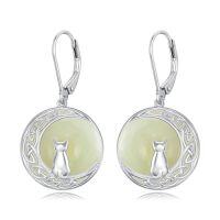 wholesale Natural Jade Earrings For Women 14k Gold Plated Sterling Silver Round Jade Jewelry Birthday Christmas Gifts For Women Mom Her -style_name:C-Cat-White Gold