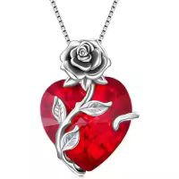 TOUPOP Sterling Silver Birthstone Rose Flower Heart Pendant Necklace-color_name:7-Jul - Created Ruby