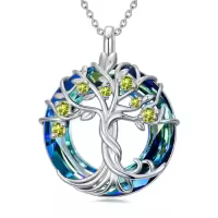 TOUPOP Sterling Silver Blue Crystal Tree Of Life Birthstone Necklace-color_name:08-August-Peridot