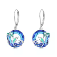 TOUPOP Sterling Silver Turtle Jellyfish Dolphin Starfish Whale Dangle Drop Earrings Ocean Jewelry-style_name:Palm Tree Dolphin