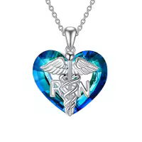 TOUPOP Sterling Silver Photo Locket Necklace For Nurse Doctor Gift-style_name:Caduceus Necklace with Blue Heart Crystal