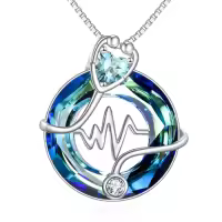TOUPOP Sterling Silver Crystal 12 Months Birthstone Stethoscope Pendant Necklace-color_name:03-March-Aquamarine