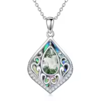 TOUPOP Sterling Silver Abalone Shell Teardrop Filigree Necklace Gift-color_name:Moss Agate