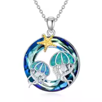 TOUPOP Sterling Silver Blue Crystal Ocean Jewelry Pendant Necklace-style_name:1-Double Jellyfish