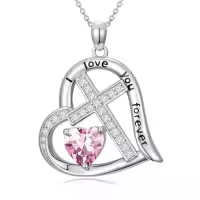 TOUPOP Sterling Silver Birthstone Heart Cross Necklace-color_name:10-October-Pink Tourmaline