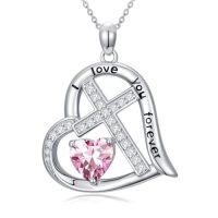 wholesale Cross Necklace For Women 925 Sterling Silver Heart Birthstone Necklaces Christian Jewelry Baptism Birthday Christmas Gifts For Women -color_name:10-October-Pink Tourmaline