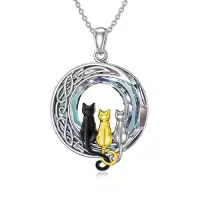 TOUPOP Sterling Silver Blue Crystal Cats On The Moon Pendant Necklace-color_name:3 Cats(Black, Yellow Gold, and Silver)-Purple Crystal-03-A