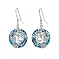 TOUPOP Sterling Silver Blue Crystal Tree Of Life Letter Drop Dangle Earrings-style_name:P Initial