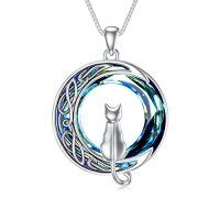wholesale TOUPOP Christmas Cat Gifts For Cat Lovers One Two Three Four Cats Necklace Sterling Silver Cats On The Moon Pendant Necklace With Blue Circle Crystal Birthday Christmas Celtic Jewelry Gifts For Women -color_name:1 Cat(Silver)-Blue Crystal-01-A