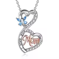 TOUPOP Sterling Silver Crystal I Love You Rose Flower Heart Necklace-color_name:I Love You Mom Necklace with Butterfly