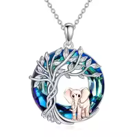 TOUPOP 925 Sterling Silver Crystal Elephant Family Pendant Necklace Gifts For Women-style_name:One Elephant-Tree of Life
