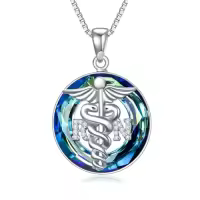 TOUPOP Sterling Silver & Stone Stethoscope Caduceus Angel Pendant Necklace-color_name:Caduceus Angel-Blue Crystal