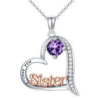 wholesale Sister Gifts Birthstone Necklaces 925 Sterling Silver Heart Birthstone Necklace Sister Jewelry Birthday Christmas Gifts For Women Friend Daughter -color_name:02-February-Amethyst