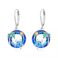 TOUPOP Sterling Silver Turtle Jellyfish Dolphin Starfish Whale Dangle Drop Earrings Ocean Jewelry-style_name:Palm Tree Sea Turtle