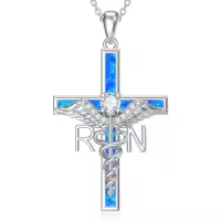 TOUPOP Sterling Silver Caduceus Angel Wing RN Necklace Jewelry Gift-style_name:Blue Opal Cross RN Necklace