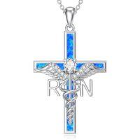 wholesale TOUPOP Nurse Gifts For Women 925 Sterling Silver Caduceus Angel Wing Rn Necklaces Jewelry Gifts For Nurses Doctors Medical Students Nurses Week Appreciation Graduation Christmas Gift -style_name:Blue Opal Cross RN Necklace