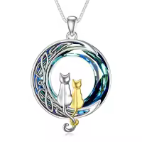 TOUPOP Sterling Silver Blue Crystal Cats On The Moon Pendant Necklace-color_name:2 Cats(Silver and Yellow Gold)-Blue Crystal-02-B