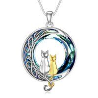 wholesale TOUPOP Christmas Cat Gifts For Cat Lovers One Two Three Four Cats Necklace Sterling Silver Cats On The Moon Pendant Necklace With Blue Circle Crystal Birthday Christmas Celtic Jewelry Gifts For Women -color_name:2 Cats(Silver and Yellow Gold)-Blue Crystal-02-B