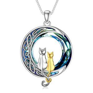 2 Cats(Silver and Yellow Gold)-Blue Crystal-02-B