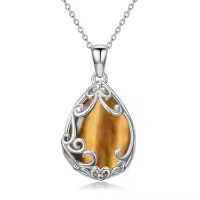 TOUPOP Sterling Silver & Gemstone Filigree Teardrop Pendant Necklace-color_name:Tiger Eye