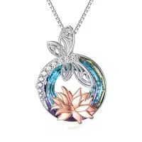 TOUPOP Sterling Silver Crystal Dragonfly Butterfly Pendant Necklace-style_name:D-Dragonfly Necklace with Lotus-Purple Circle Crystal
