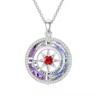 TOUPOP Sterling Silver Crystal Birthstone Compass I'd Be Lost Without You Pendant Necklace-color_name:B-Purple Circle Crystal-01-Jan-Garnet