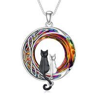 wholesale TOUPOP Christmas Cat Gifts For Cat Lovers One Two Three Four Cats Necklace Sterling Silver Cats On The Moon Pendant Necklace With Blue Circle Crystal Birthday Christmas Celtic Jewelry Gifts For Women -color_name:2 Cats(Black and Silver)-Volcano Crystal-02-C